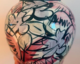 Signed Postmodern Hand Painted Urn with Top - Signed Williams