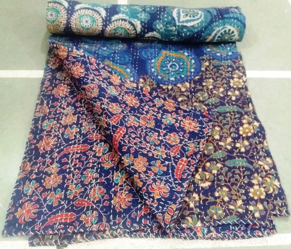 Indian Handmade Embroidery Queen Kantha Quilt Throw Elephant Mandala Bedspread