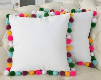 White On Rainbow Pom- Poms Trim Throw Pillow Cover Cushion Canvas Cotton Decorative Corduroy Pillow Case for Couch Bed Sofa 16"X16"Pack of 2