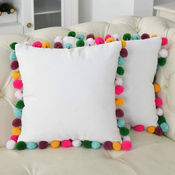 White on Rainbow Pom Poms Trim Throw Pillow Cover Cushion Canvas