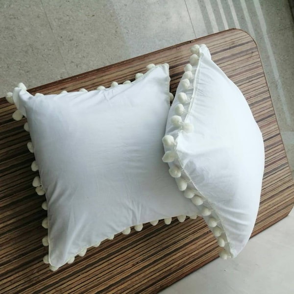 360TC Cotton White Colour With Big Pom- Pom Tassal Made Rectangle /Square Pillows, Euro shams With Hidden Zipper All sizes Available :@1Pair