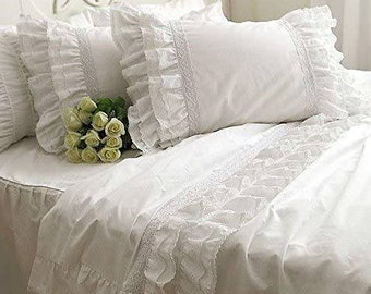 Moderner Luxus Idyllisches Leben 2Ruffle Rüschen mit Spitze 100% Baumwolle Super White Farbe Bettbezug mit Kissen Sham @ 3Pcs Set Größe: Twin, Queen, King