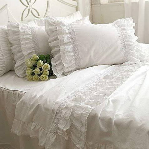 Modern Luxury Idyllic Life 2Ruffle Frill With Lace 100% Cotton Super White Colour Duvet Cover With Pillow Sham@3Pcs Set Size:Twin,Queen,King