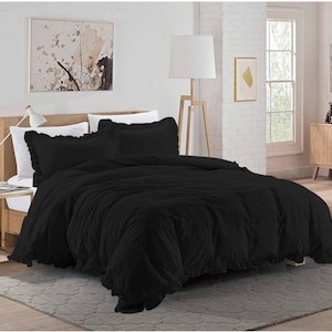 New Edge Ruffle Style Duvet  Cover With Matching PillowCase 3Pcs Set All Sizes BLACK Colour Solid 100% Egyptian Cotton Made :Twin,Queen,King