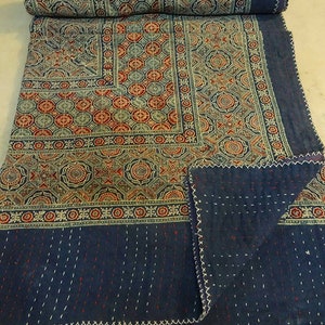 Indian Ajarak Block Print with Work Kantha Quilt , Kantha Blanket Bedspread, Patch Kantha Throw,  Hand embodiery work Bed cover Queen Size.
