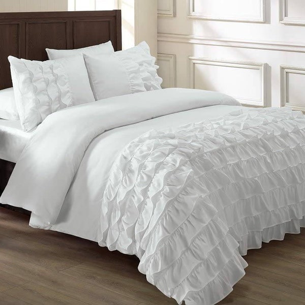 Simple Luxury Pearl White Colour Made 460TC Cotton Waterfall Designed 6-9Ruffles With Shams,Euro Sham Duvet Cover@5Pcs Set : Twin,Queen,King