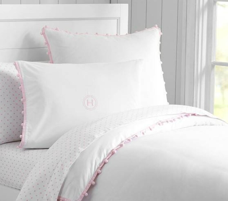 White With Pink Pompom Trim Cotton Duvet Cover With Etsy