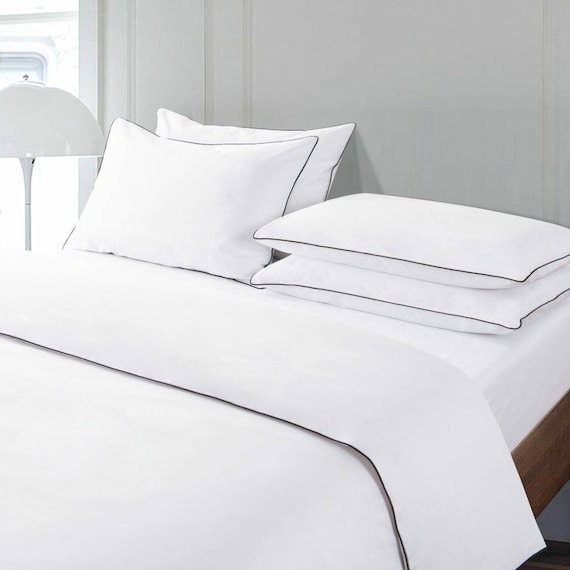 White With Black Piping Edges Cotton 300TC Plain Elasticated Etsy