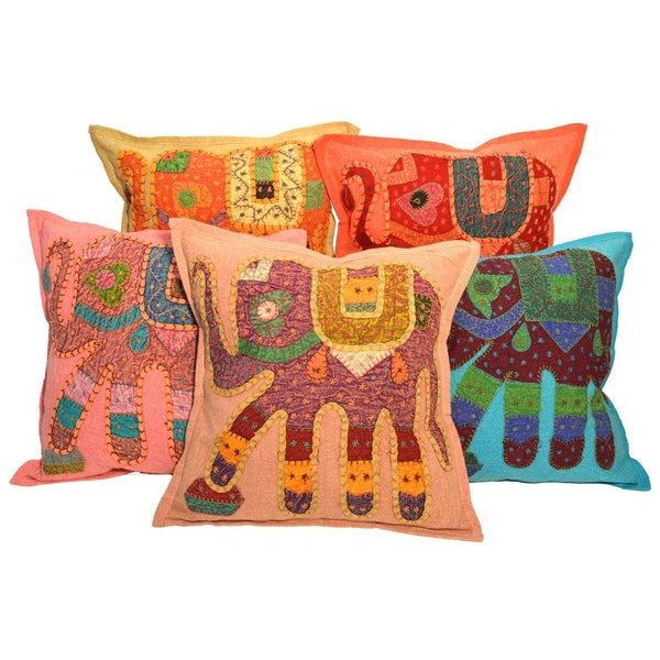 Art Of India Hand made ColourFul Patchwork Embroidery Ethnic  Kantha Work Elephant Design Euro Sham,Cushion Cover @5Pcs Set Size:16"x16"Inch
