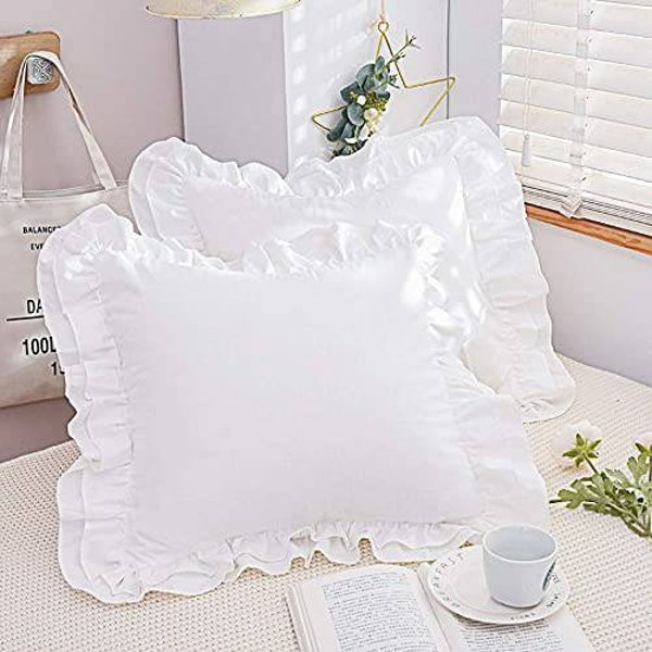 White Shabby Chic Vintage 2Ruffle Trim Design 100%Cotton Made Pillow Covers,Euro Sham,Cushion Cover Square/Rectangular 2Pack Size@ Available