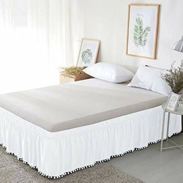 Luxurious 360TC Wrinkle  Resistant Egyptian 100% Cotton Multi-Ruffle and Pom-Pom Design Bed Skirt-10-15 Inch Drop Down Size :Twin/Queen/King