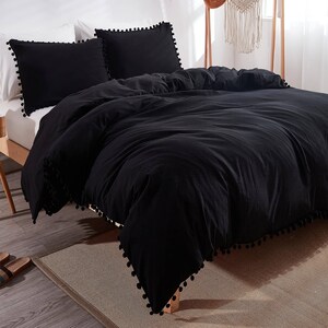 Exclusively Black Pom-Pom Bedding Duvet Cover 3Pcs Set Vintage Farm House Boho Quilt Cover Bohemian 100% Cotton Size: Single,Twin,Queen,King