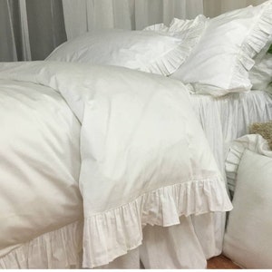 Pearl White Duvet Cover,Solid Made From long Staple Pima Ruffle Cotton With Matching Shams @ 3Pcs ,FREE Shipping Size:Single,Twin,Queen,King