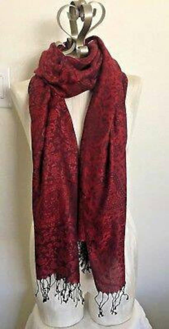 Stole from India Wrap Banaras Silk Red Woven Paisley Floral Design Shawl