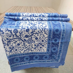 Vintage Floral Indigo Blue Colour Hand Printed Cotton Dining Table Cloth,Table Cover With Napkins Rectangular/Round/Square Size :@ Available