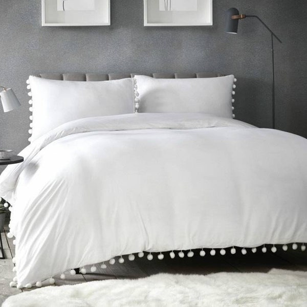 Modern Home Decor White 100%Cotton Big Pom-Pom Tassle Edges Made Bedding Duvet Cover With PillowCase,EuroSham @3Pcs Set Size:Twin,Queen,King