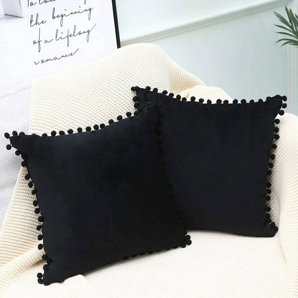 Set of 2,Black Velvet With Pom-Poms Trim Style Decorative Throw Pillow Covers for Sofa Bedroom Square/Rectangle Black Colour Size:@Available