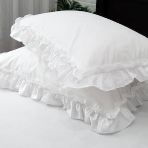 Pack of 2 Chic Ruffle Pillow Shams,White French Country Style Vintage Pillowcases with Handcraft Ruffle,Boho Frilly Pillow Shams for Bedroom