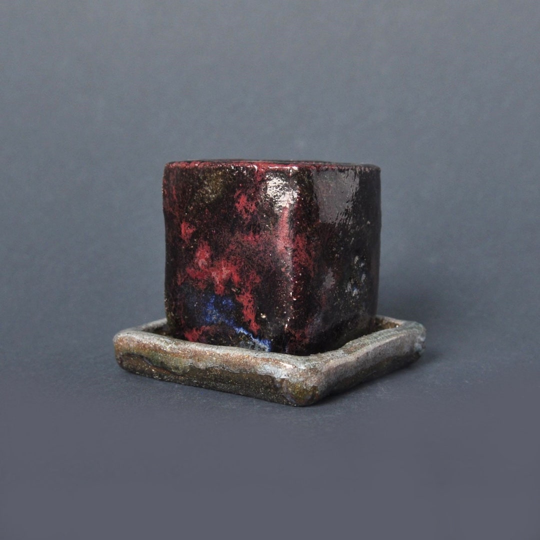 Handmade Raku Ceramic Succulent Planter With Saucer, Geometric Cubical ...
