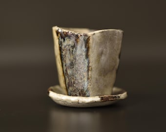 Maceta Raku hecha a mano con platillo, maceta de cerámica facetada en blanco, turquesa y morado, maceta para suculentas Wabi Sabi, maceta geométrica para plantas.
