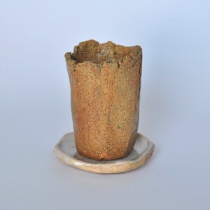 Ceramic beige cracked planter with saucer. Planter with drainage hole. Raku pottery. image 5