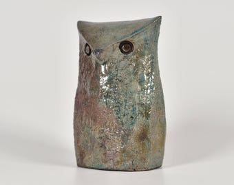 Groenbruin Raku-uilbeeldje met craquelé (verzending naar de VS tijdelijk opgeschort)