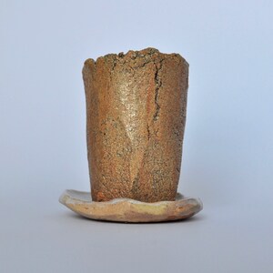 Ceramic beige cracked planter with saucer. Planter with drainage hole. Raku pottery. image 1