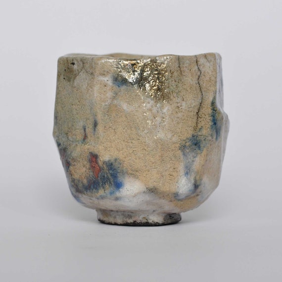Handmade Raku Chawan "Stone", White Blue Craquelure with Copper Luster, Sculptural Cup