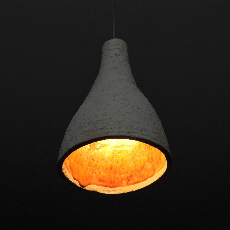 Raku pottery ceramic pendant lamp, orange glaze inside, drip effect image 4