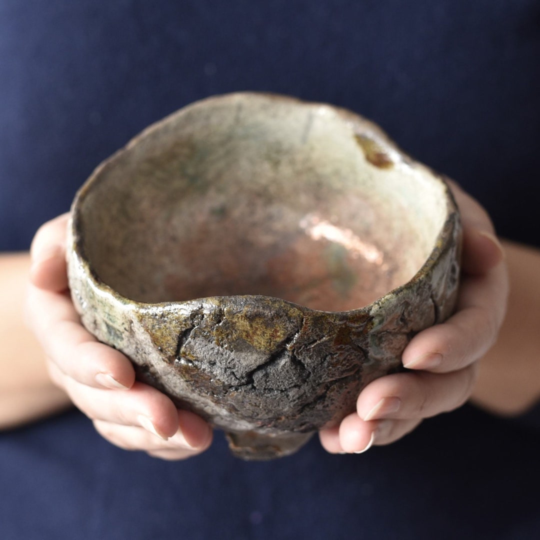 Matcha Chawan. Copper Luster Inside and Crazing Effects. Raku Pottery