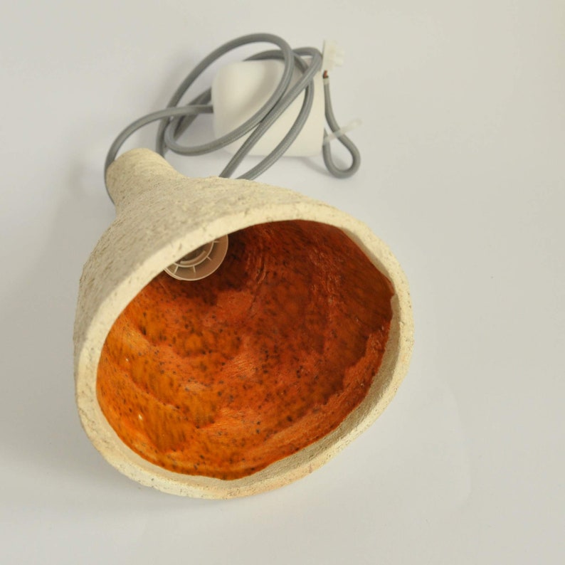 Raku pottery ceramic pendant lamp, orange glaze inside, drip effect image 9