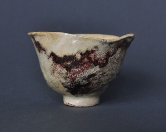 The shell. Asymmetrical raku pottery chawan with brown-red, blue, and grey smears.