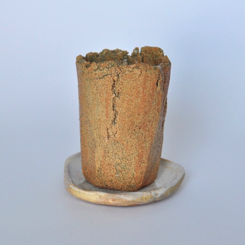 Ceramic beige cracked planter with saucer. Planter with drainage hole. Raku pottery. image 6