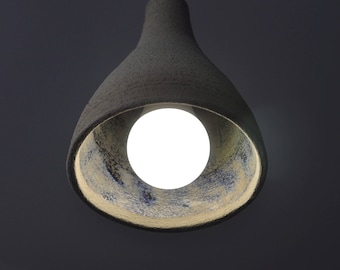 Handmade Raku Pendant Lamp, Blue Brushstroke Glaze on Carved Ceramic Shade, Hand-Painted Hanging Light, One of a Kind Lighting