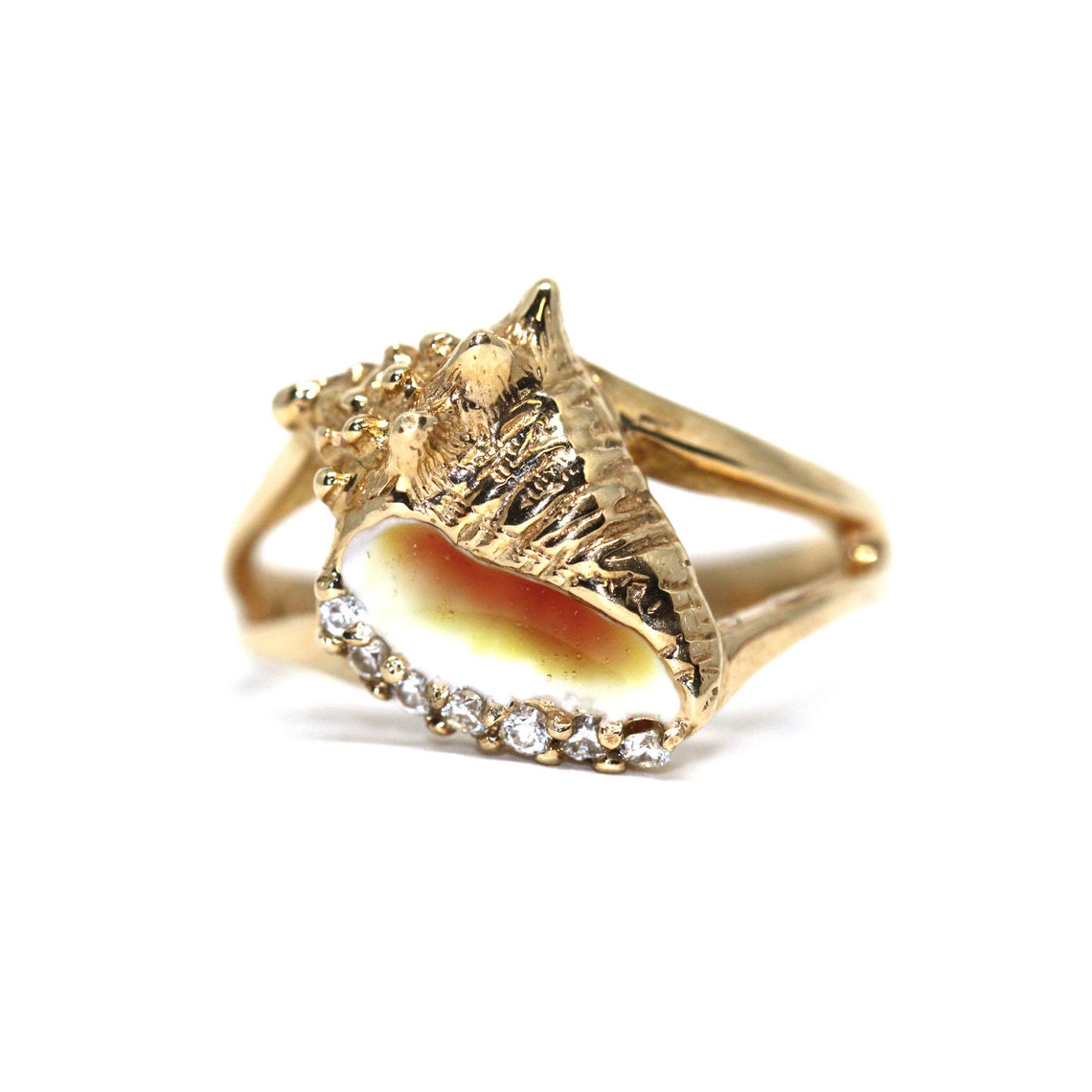 14kt Gold Diamond Conch Shell Ring Enameled Etsy