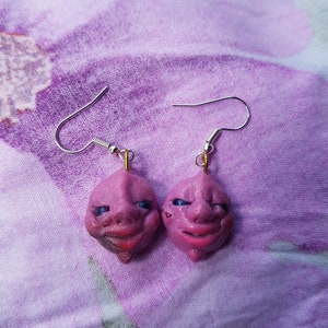 Purple Face Earrings with Glass Bead Eyes - Avant-Garde Beauty
