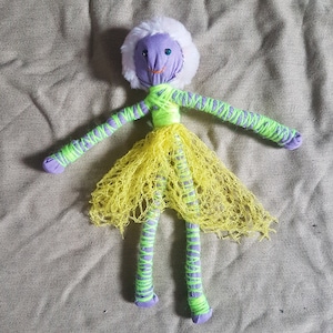 ugly and cute motanka rag doll , purple yellow with pink hair