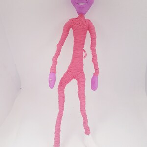 May include: A pink yarn wrapped doll with a purple alien head and white shoes.
