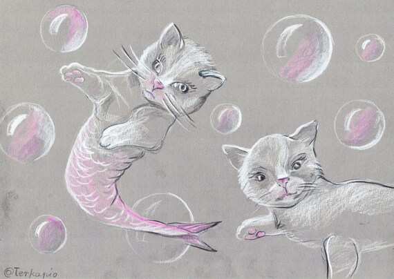 cat fish , cat mermaid surrounded by soap bubbles