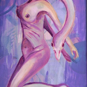 May include: An abstract painting of a nude figure with a snake-like head and neck. The artwork is rendered in shades of purple, pink, and white, with the figure in a kneeling position. The background is a textured purple.