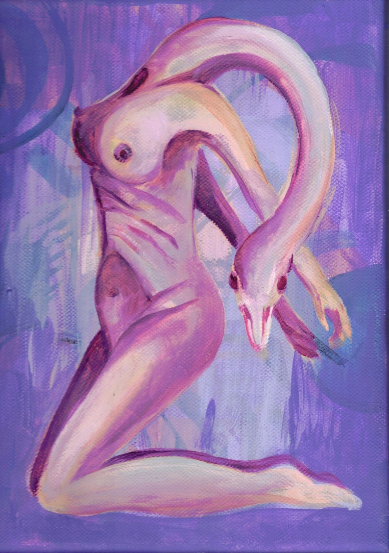May include: An abstract painting of a nude figure with a snake-like head and neck. The artwork is rendered in shades of purple, pink, and white, with the figure in a kneeling position. The background is a textured purple.