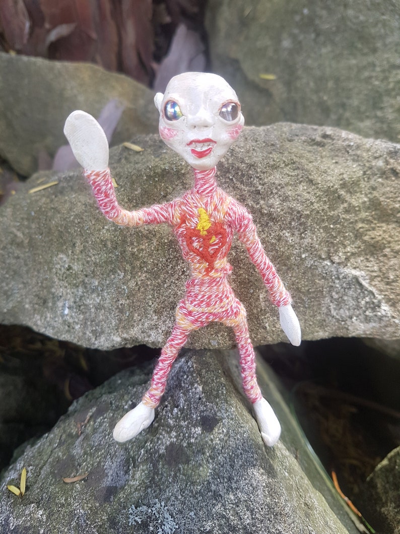 nice space elf strange OOAK doll with a heart on his chest ,pretty alien image 3