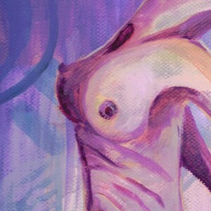 May include: Abstract painting with a focus on a central, rounded form in shades of purple and white. The artwork features textured brushstrokes and a soft, ethereal quality, with hints of blue in the background.