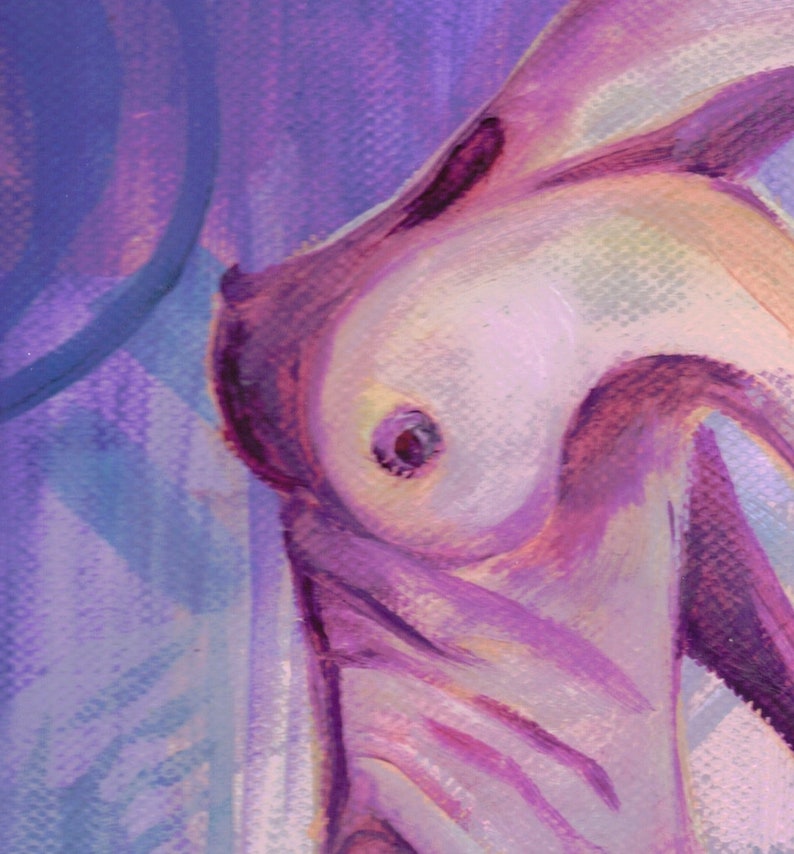 May include: Abstract painting with a focus on a central, rounded form in shades of purple and white. The artwork features textured brushstrokes and a soft, ethereal quality, with hints of blue in the background.