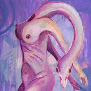 May include: An abstract painting of a nude figure with a snake-like head and neck. The figure is painted in shades of purple and pink, with a soft, ethereal quality. The background is a blend of blues and purples.