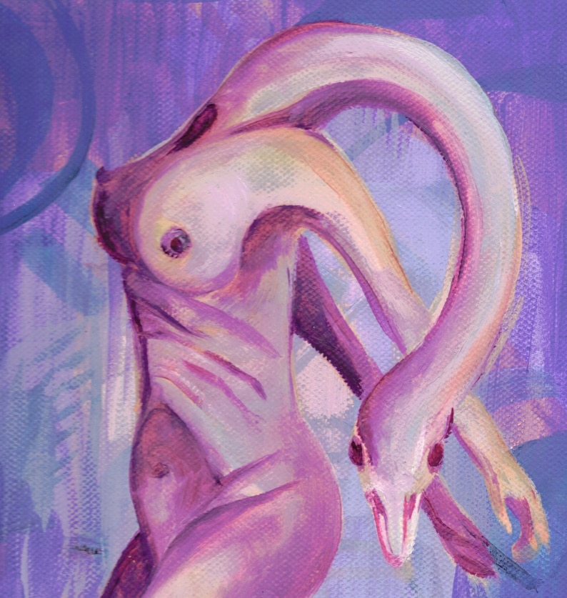 May include: An abstract painting of a nude figure with a snake-like head and neck. The figure is painted in shades of purple and pink, with a soft, ethereal quality. The background is a blend of blues and purples.