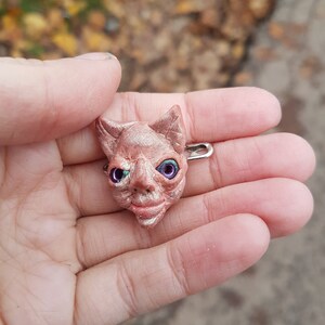 Puede incluir: Una peque&ntilde;a escultura de arcilla rosa de una cara con ojos verdes y morados. La escultura est&aacute; unida a un pasador de seguridad plateado.