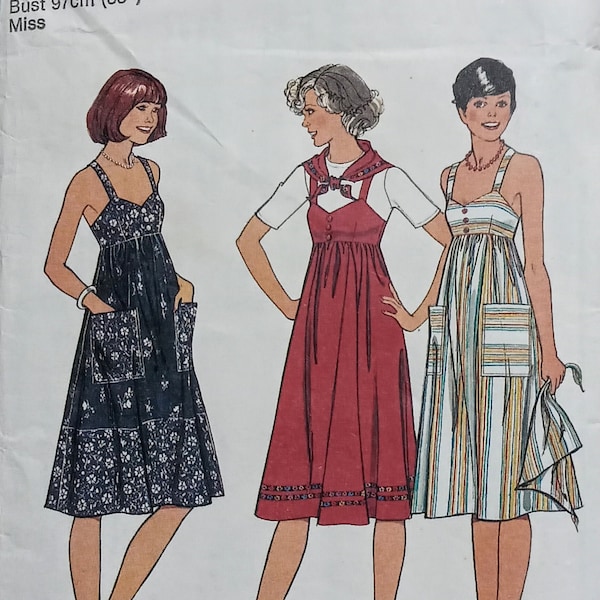 Style 1571 - Size 14 or 16, Bust 36 or 38", Misses' Dress or Pinafore and Scarf sewing pattern, 1976, 70s fashion, cut and complete!