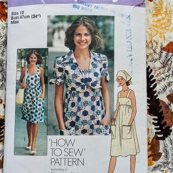 Simplicity 7292 - Size 12, Bust 32", 1977, 70s Sundress, Jacket and Scarf sewing pattern, cut and complete!