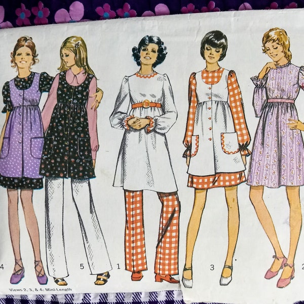 Simplicity 9851 - Maternity Mini Dress, Smock, and Pants in misses sizes sewing pattern, size 12, bust 34", 1972, 70s fashion, complete!